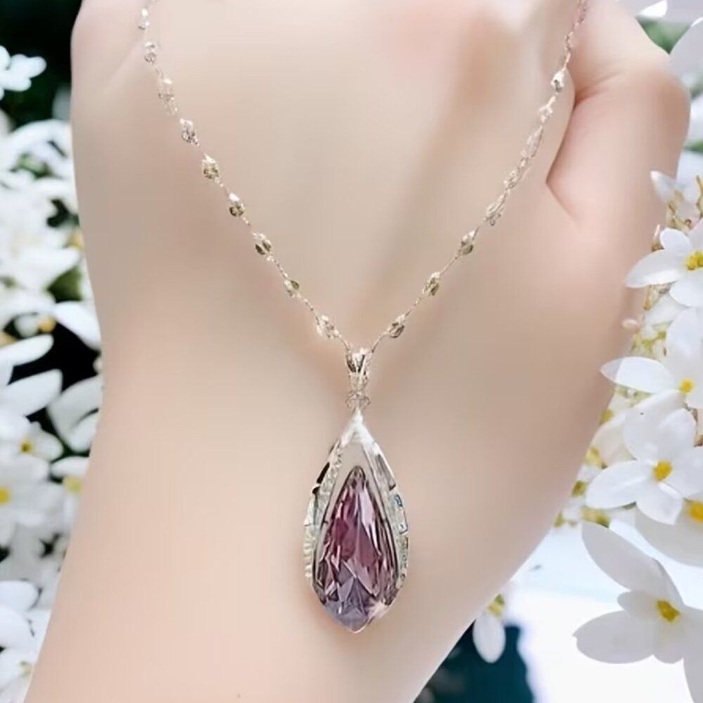 Vibrant Purple Crystal Teardrop Necklace Accented by V-Shape Rhinestones